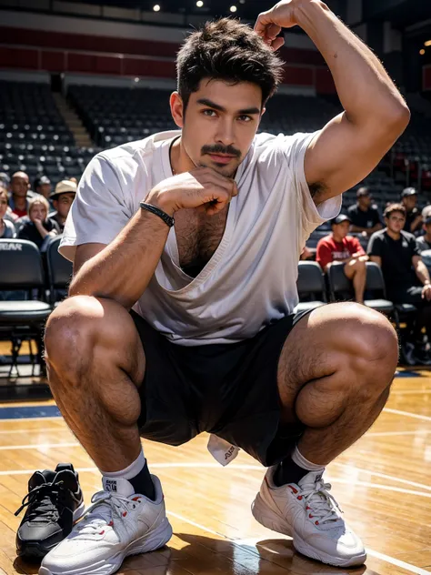 smile, short hair, black hair, brown hair, black hair, sitting, male focus, multiple , shoes, shorts, arms, wristband, sneakers, sportswear, bench, basketball, basketball uniformanother, chest hair, , navel hair, leg hair, armpit hair, hairy, （Chest hair：1...