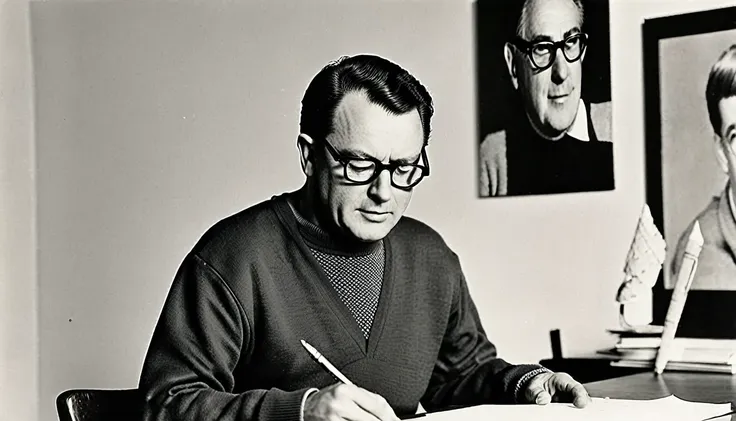 arafed man in glasses and sweater writing on a piece of paper, paul rand, alvin schwartz, photographic still, david curtis, cata...