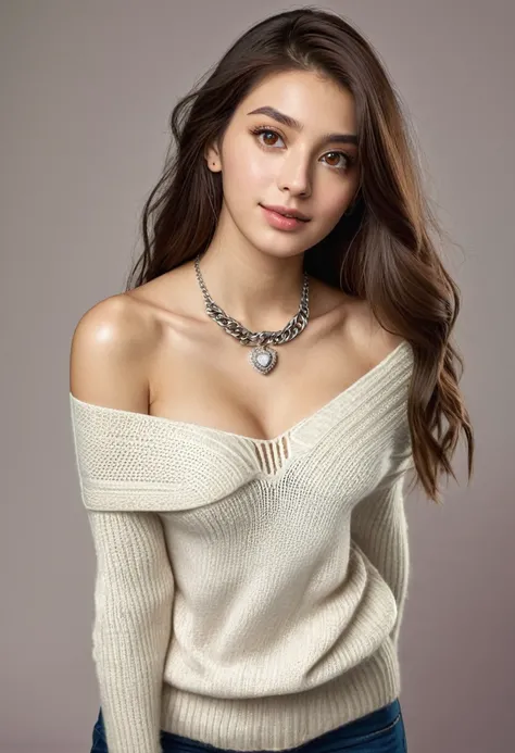 1girl in, age19, Solo, Long hair, Colossal , Looking at Viewer, Bare shoulders, Brown eyes, jewely, Full body, a necklace, off shoulders, Sweaters, Realistic, A sexy—no hands