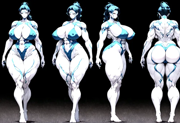 (Same character, front, side, back), (full body), generative front view, generative side view, generative back view, 3 view, female, extremely detailed, character reference sheet, black background, Extremely huge breasts, wide hips, huge ass, large thigh g...