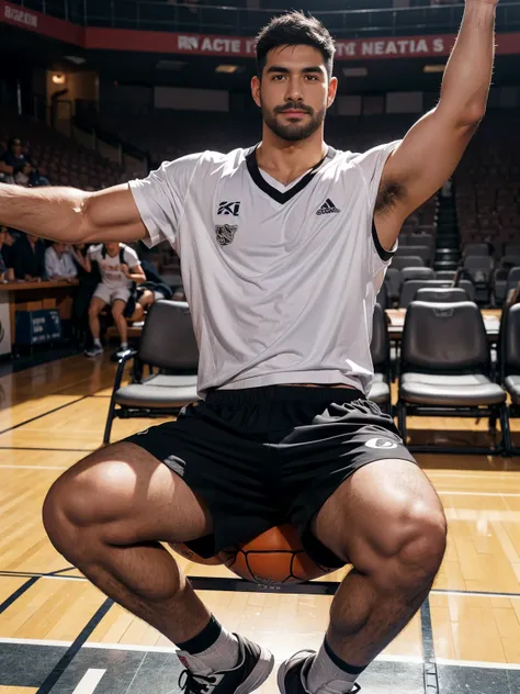 smile, short hair, black hair, brown hair, black hair, sitting, male focus, multiple , shoes, shorts, arms, wristband, sneakers, sportswear, bench, basketball, basketball uniformanother, chest hair, , navel hair, leg hair, armpit hair, hairy, （Chest hair：1...