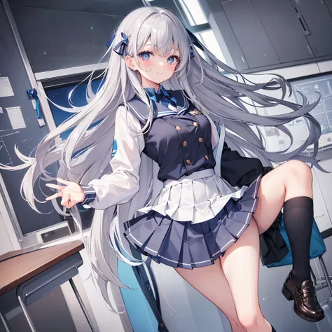 ((highest quality)(High resolution),high school student,A light smile,(Straight hair with gray hair),(Bright Blue Eyes),Black pleated skirt,(White knee-high socks),classroom,