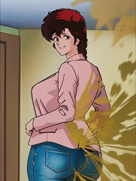 HD, high quality, high resolution, ultrahd,Kaori Makimura, 1female, wearing default outfit, light pink shirt, white coat, wearing coat over tshirt, jeans, default hair, brown hair, very tall body, thin body, massive fart, yellow smoke, velocity, wide eyes,...