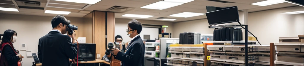 ・Cameras and lenses are lined up on the rack. ・In the office, a Japanese woman and man are taking pictures with cameras and lenses.