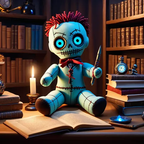 (knitted toy voodoo doll: 1.8), (against the background of a cozy office with shelves filled with books and magical artifacts: 1.5), sits at a table with a pen and a scroll on which the rules are written, in front of him is a magic crystal glowing with a s...