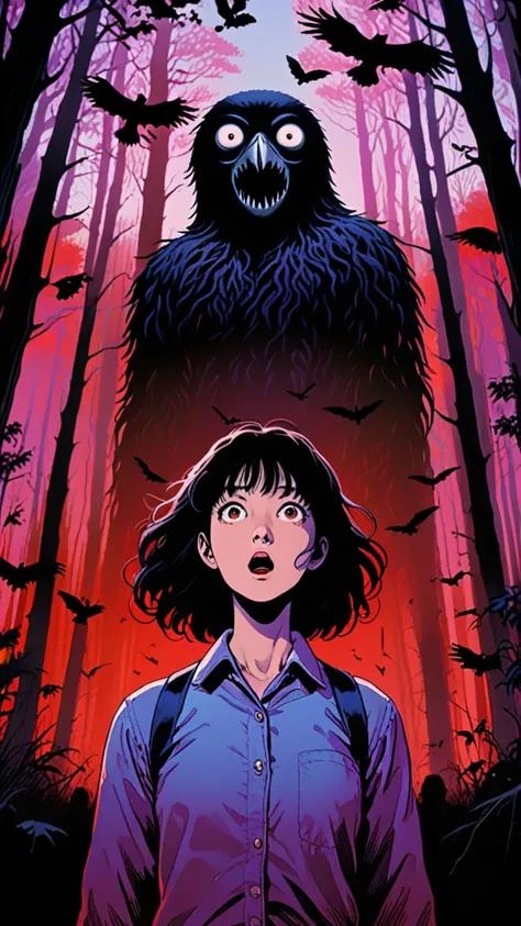 illust、art、from 80s horror movie, directed by Junji Ito、in the forest、A woman with a scared expression、Countless crows are flying into the sky, The silhouette of a giant monster towering into the sky、Overaction、Overreaction、Hanging corpse、high detail, real...