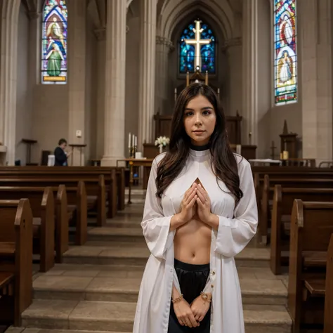 1girl in, 30 years old, Square face, Long hair, Looking at viewer, jewelry, Realistic, Sexy, sexy nun outfit, church background - praying, full body free pose