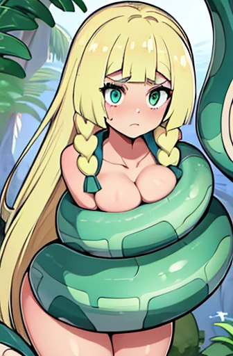 masterpiece, best quality, highres, illustration, highly detailed,  blonde hair, twin braids, length hair, messy hair, 1girl, solo, Lillie(Pokemon), beautiful detailed eyes, cleavage, snake, (anaconda), (coiled), snake scales detailed, wrapped tightly, res...