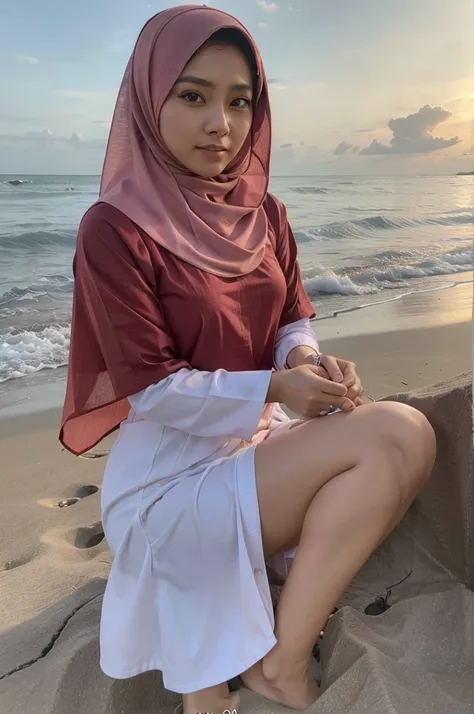 Wanita itu berdiri anggun di tepi pantai, berbalut hijab lembut berwarna krem, mengenakan kemeja lengan panjang berwarna merah muda yang serasi dengan rok panjang bermotif bunga, menari anggun di tepian air, sementara angin laut bermain-main dengan rambut ...