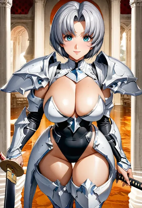 ((highest quality)), ((masterpiece)), ((hyperrealistic)), (detailed background), solo, 1girl, ((curvy: 1.2)), kawaii, gentle smile, silver hair short bob, langrisser, ((black leotard: 1.5)), (white paladin armor: 1.5), ((huge breasts)), ((arm guard gauntle...