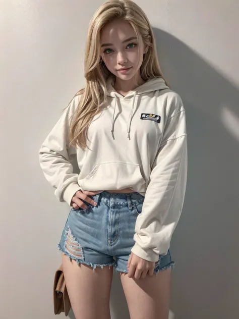 Sexy Western female student, sporty posture, mid-length blond hair, minimal makeup, university hoodie, tight denim shorts, knee-high socks, sneakers,youthful, standing, leaning against a wall, confident smile, soft ambient lighting, clear skin texture, cas...