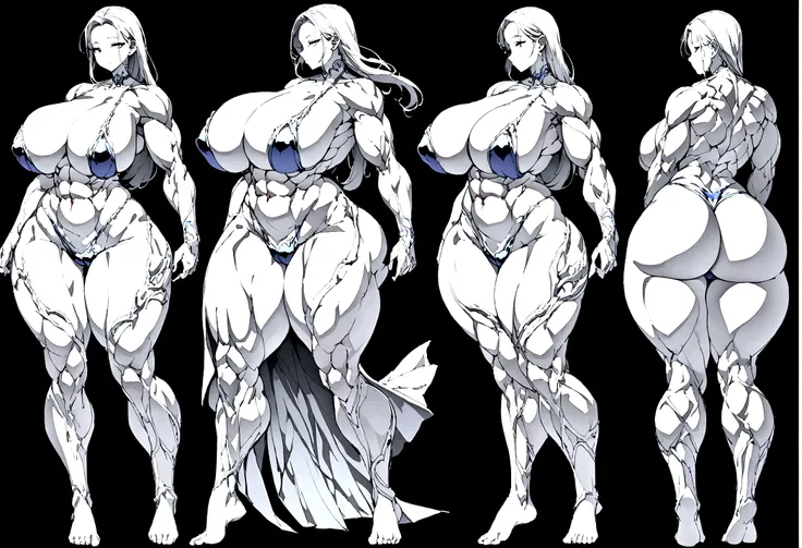 (Same character, front, side, back), (full body), generative front view, generative side view, generative back view, 3 view, female, extremely detailed, character reference sheet, black background, Extremely huge breasts, wide hips, huge ass, large thigh g...