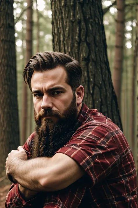 Realistic portrait of a man wearing a red flanell shirt, and a beard, sad face, forest, hugging a tree