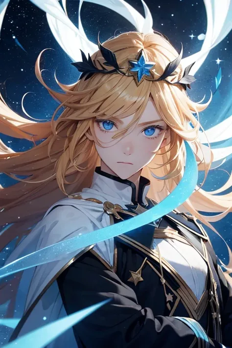 Boy ,  long ginger and blonde end curly hair, blue eyes, A black star on the eye , Pupils in the form of stars , light blue mantle, white accessories, Decoration in the form of a leaf on the head