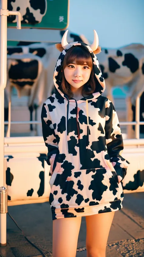 Masterpiece, bokeh, 4K, Beautiful high school girl, (Japanese idle:1.6), (cow pattern Hoodie:1.3), (Cat ears:1.3),  (Big cows:1.6), sundown rooftop