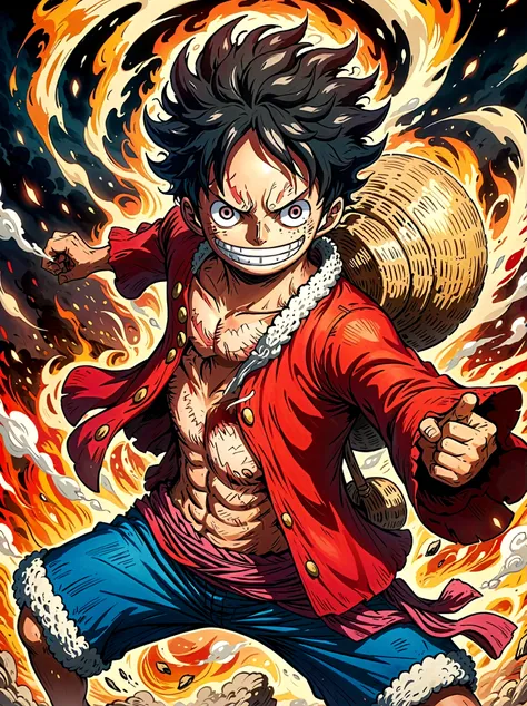 create an exciting poster with luffy from "one piece" em um ataque de raiva, wolf-headed. capture the essence of his fiery deter...