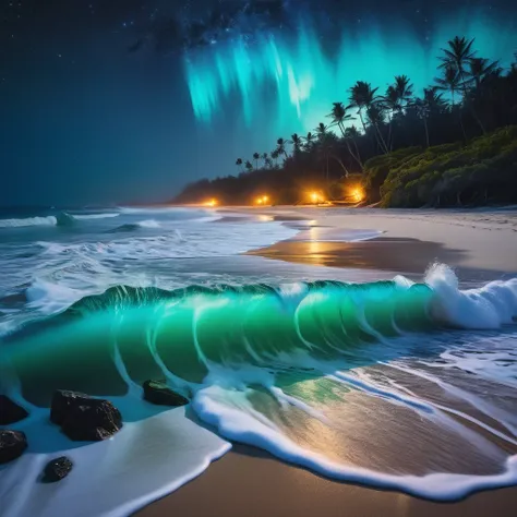 Bioluminescent waves crashing onto a sandy beach at night, enchanting scene with vivid colors and gentle movement, starlit sky adds to the magical ambiance, intricate details in the waves glow and shoreline, dreamy surrealism captured with high-resolution ...