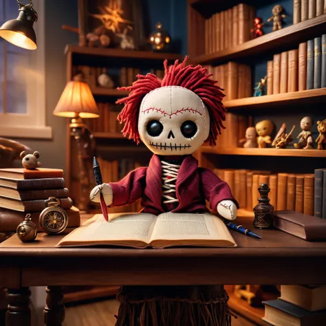 (knitted toy voodoo doll: 1.8), (against the background of a cozy office with shelves filled with books and magical artifacts: 1.5), in a robe, (sitting at a table with a pen and a scroll: 1.1), magical sparks around, an instructive hand gesture, a pointer...