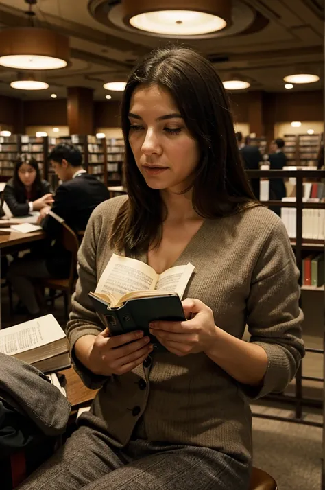 a reporter, writing, summarizing a book, in a library, crowded, lights, calm