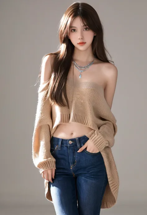 1girl in, age19, Solo, Long hair, Colossal , Looking at Viewer, Bare shoulders, Brown eyes, jewely, Full body, a necklace, off shoulders, Sweaters, Realistic, A sexy—no hands