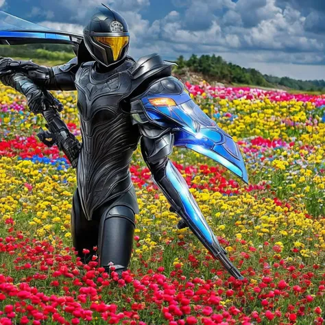 Describe a scene where a figure in full black futuristic armor stands in the middle of a vast flower field. The armor is sleek and high-tech, with glowing blue accents. The figure has just thrust a large, two-handed energy sword into the ground. The field ...