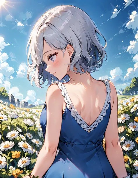 A flower field　One grave in the center　A woman in her twenties with short silver hair prays alone　Back view　Sunny skies