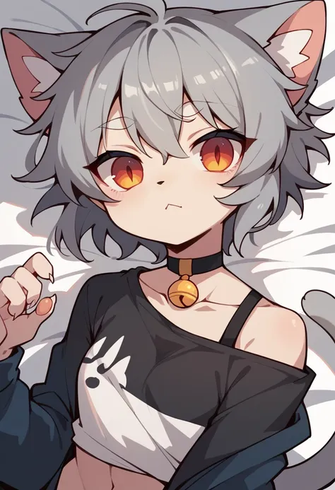 simple illustration,one girl, that will happen, view viewer, gray hair, there is nothing, cat ear, cat&#39;s tail, white shirt, ...