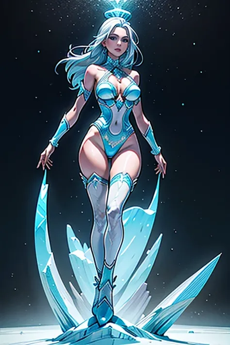 A beautiful woman is walking in the middle of a glacier, shes offering her hand, shes looking like ice, pale blue, white and azure, shining bright, dressed with symmetrical designs and arabesques, adorned with blue lights, masterpiece, highly detailed, 3d ...