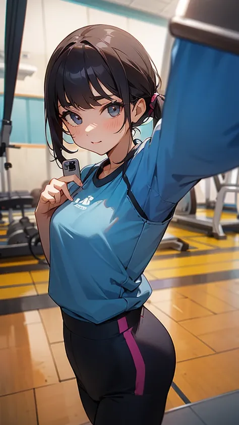 A girl in gym outfit taking a selfie backwards