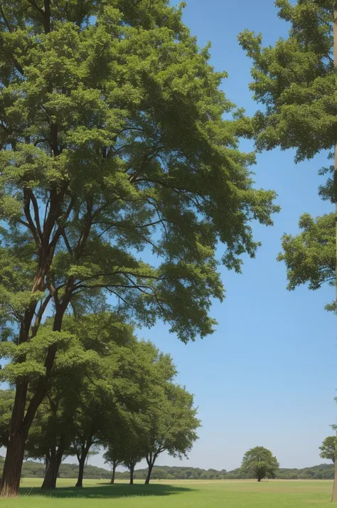 grassland, Trees in the distance, Light blue sky