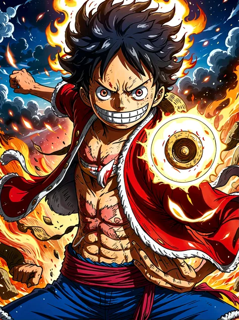 create an exciting poster with luffy from "one piece" em um ataque de raiva, wolf-headed. capture the essence of his fiery deter...