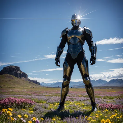 Describe a scene where a figure in full black futuristic armor stands in the middle of a vast flower field. The armor is sleek and high-tech, with glowing blue accents. The figure has just thrust a large, two-handed energy sword into the ground. The field ...