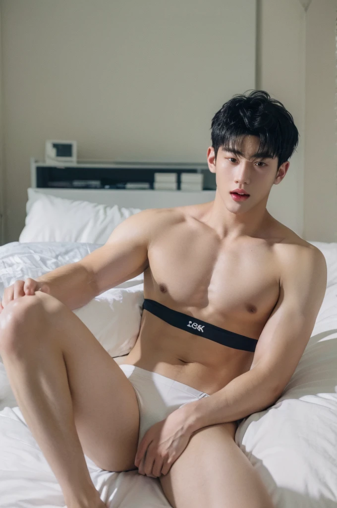 (best quality:1.4), (ultra highres:1.2), (photorealistic:1.4), (8k, RAW photo:1.2), Realistic handsome Japanese guy, muscle, fit, 18 years old, open mouth, Spread your legs, shirtless, topless, wear jockstrap underwear, white underwear, bedroom,