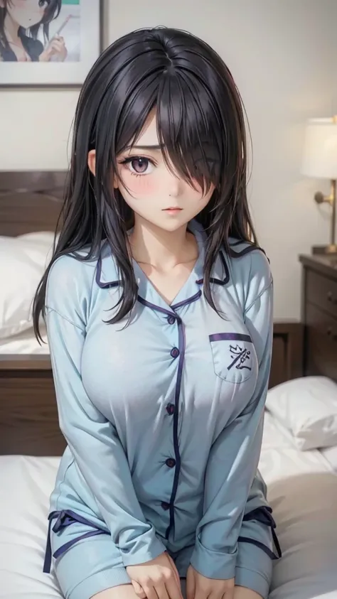 1girl,perfect ,black hair, long hair, (hair over one eye:1.4), messy hair, hair between eyes, plump chubby,fat, busty breast, cute motif pajama, cute shy blush on , bedroom 