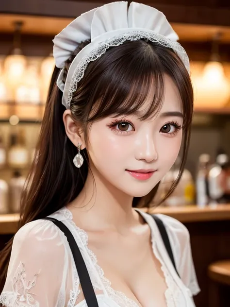 masterpiece, highest quality, 8k, disorganized person, black and white maid outfit, Headdress、Beautiful girl, Beautiful face, Looking at the audience, smile:1.1, Ultra-realistic, High resolution, picture, The focus was clear, High resolution, Face Light, D...