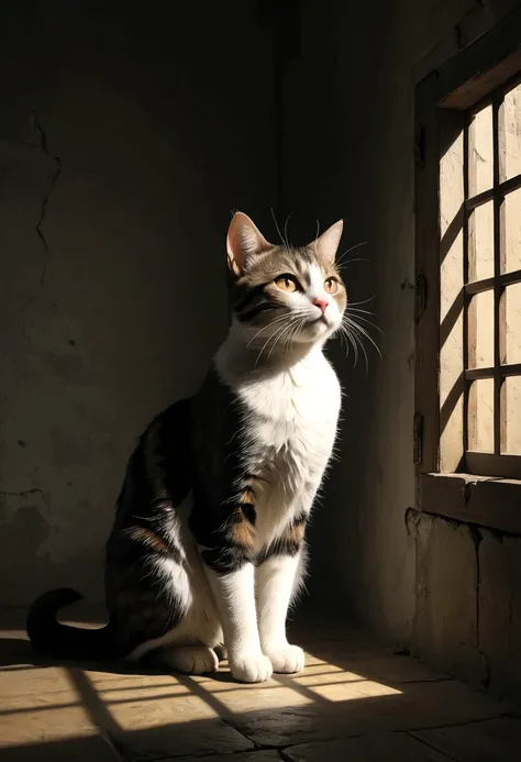 (AI-generated images at their full potential)(Ultra high definition)Slow motion、8K video(Cat trapped in soul prison)((dark牢獄の猫)(dark中世の牢獄)Wall shadows(15th century France)(Rembrandts Light)(Medieval Europe)、(Lots of white space)(Optics 1:Minimum 3)、PhotoRe...