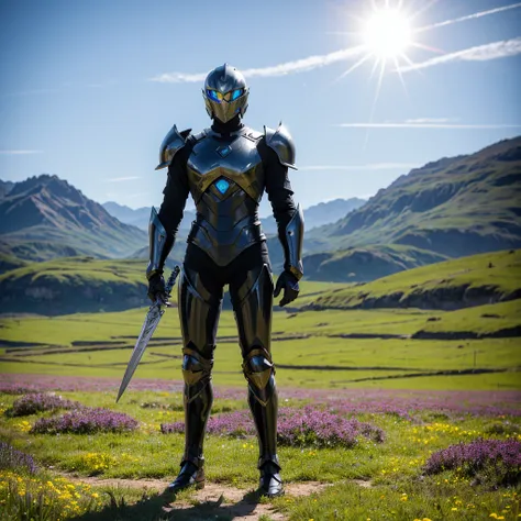 Describe a scene where a figure in full black futuristic armor stands in the middle of a vast flower field. The armor is sleek and high-tech, with glowing blue accents. The figure has just thrust a large, two-handed energy sword into the ground. The field ...