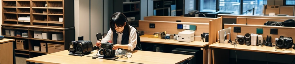 Inside the office, cameras and lenses are lined up on the shelves. A Japanese woman is photographing with a camera and lens at a workbench in the back of the office.