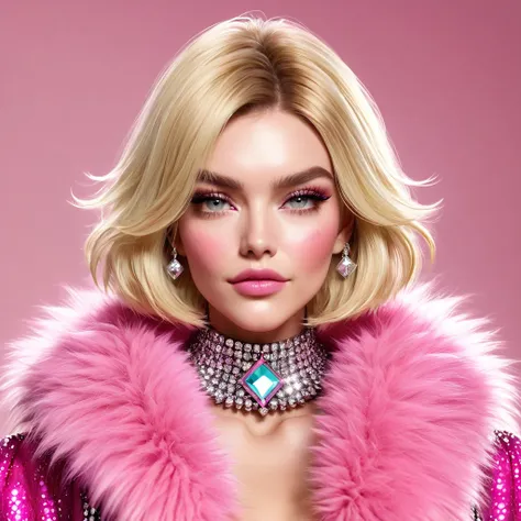 hugely bearded woman to cheeks and neck, voluminous bob lob blonde hair, shaggy hairy hands, wears bling bling pink fur coat