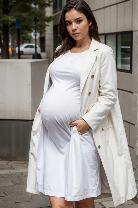 pregnant woman with white dress and coat
