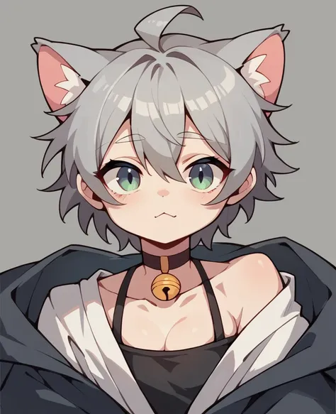 simple illustration,one girl, that will happen, view viewer, gray hair, there is nothing, cat ear, cat&#39;s tail, white shirt, ...