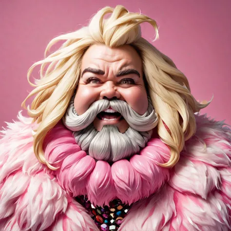 hugely bearded woman to cheeks and neck, voluminous bob lob blonde hair, shaggy hairy hands, wears bling bling pink fur coat