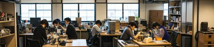 Inside the office, there are a lot of cameras and lenses lined up on the shelves. At the workbench in the back, a Japanese woman is photographing cameras and lenses.、Doing packing work