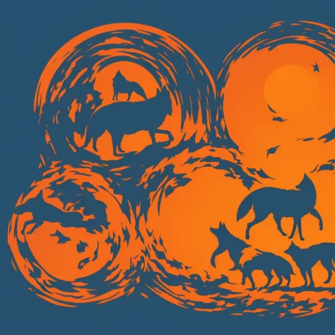 Round logo of three wolves, one of them howls on the moon which is orange colour, vector colours