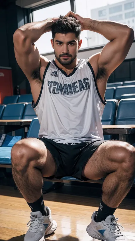 smile, short hair, black hair, brown hair, black hair, sitting, male focus, multiple , shoes, shorts, arms, wristband, sneakers, sportswear, bench, basketball, basketball uniformanother, chest hair, , navel hair, leg hair, armpit hair, hairy, （Chest hair：1...