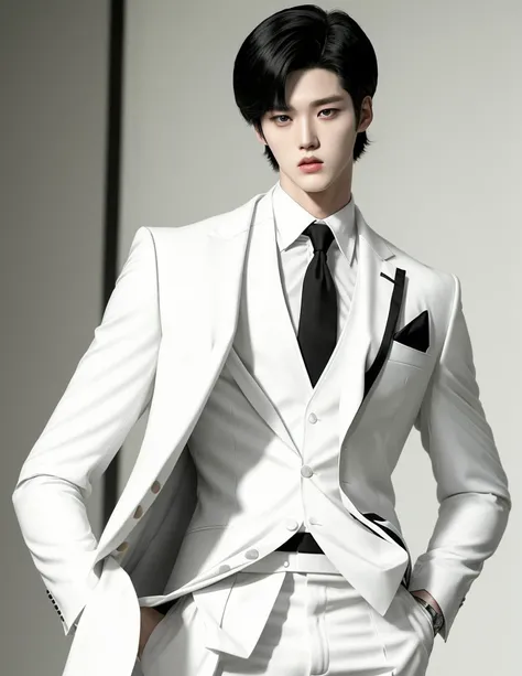 Tall Guy. The character Gong Park is from the webtoon Lookism. Korean. Black hair. Black eyes with white pupils. White suit. Exactly the same as in the photo. Detailed. Reality. In real life. High quality.