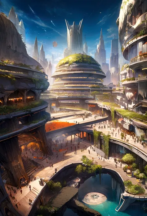 未来的な列車と未来的な建築物が並ぶ夜のFuture City， Futuristic concept art， その他のFuture City， In a fantasy sci-fi city， 美しいFuture City， futuristic utopian city， Concept art 8K resolution， Concept art 8K resolution， Future City， Futuristic spaceport， Concept art 8k， Science Fic...