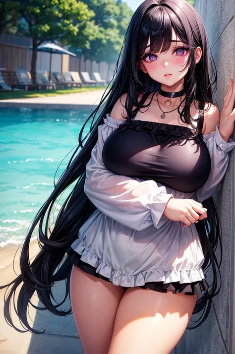 Short, chubby, overweight girl, rotund, big eyes, long straight black hair, pretty face, full lips, blushing, shy, choker, pendant, dark mascara, heavy purple eyeshadow, scar under left eye, shser swimsuit 