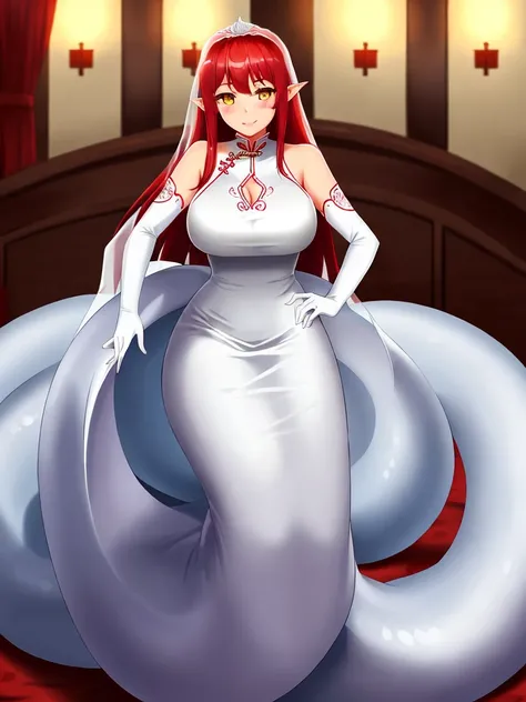 1girl, red lamia, scales, tail, full body, smile, long hair, red hair, yellow eyes, blush, happy face, bedroom, wedding dress, chinese girl, mature female, huge breasts, elbow gloves, white gloves,