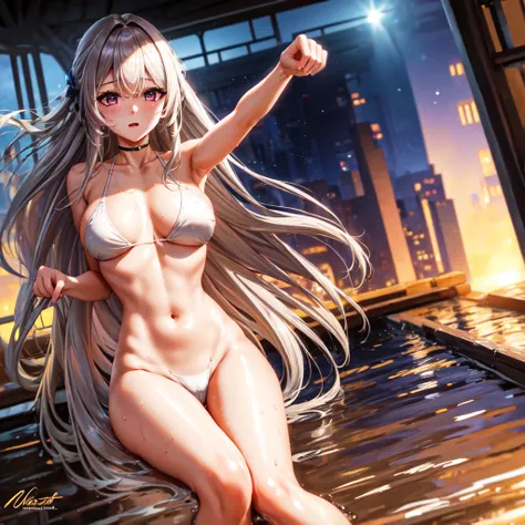 (masterpiece, highres, best quality, ultra detailed, detailed background, cinematic lighting:1.2), (beautiful detailed face, detailled eyes), pool, sunset, 1girl, long hair, white silver hair, straight hair, bangs, swept bangs, medium breasts, perky breast...